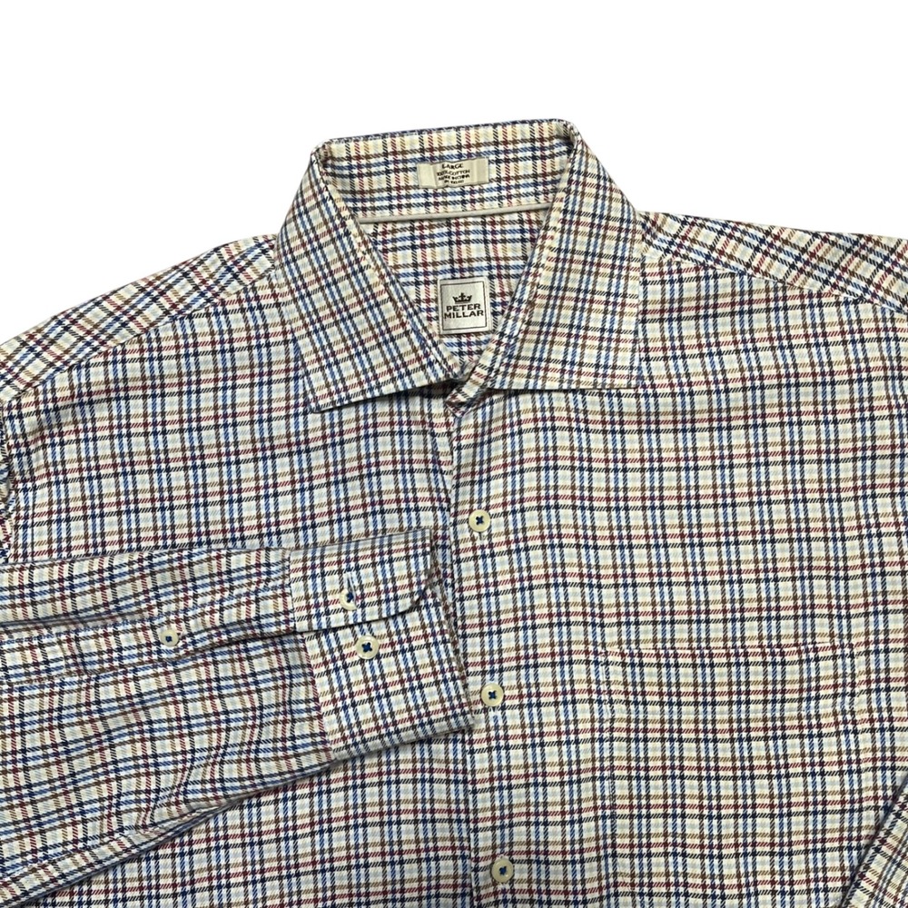 Peter Millar crown Button Down Shirt Mens Large brown Plaid Cotton Long Sleeve‎